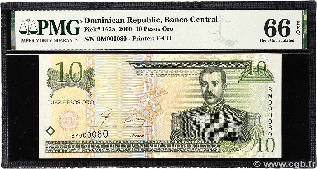 10 Pesos Oro Petit numéro RÉPUBLIQUE DOMINICAINE 2000 P.165a NEUF