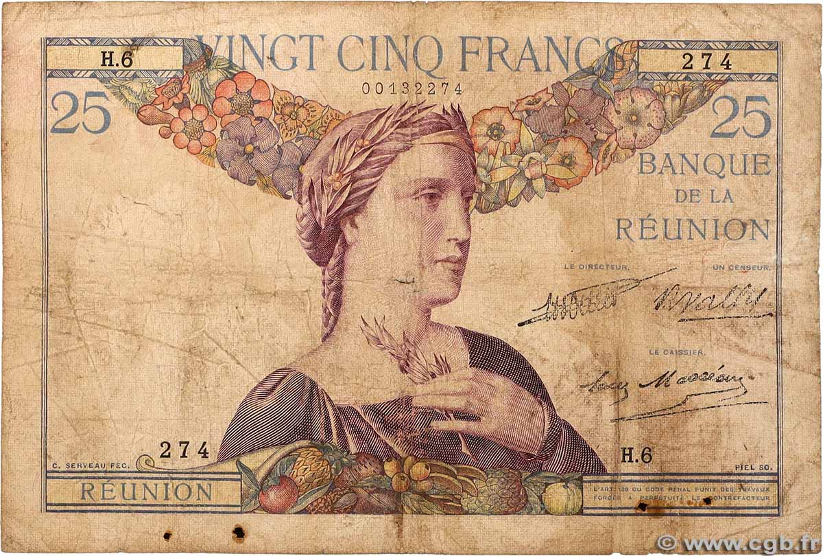 25 Francs REUNION ISLAND 1930 P.23 G