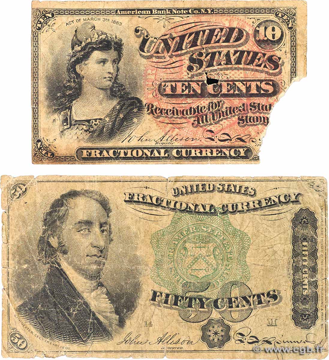 10 et 50 Cents Lot ESTADOS UNIDOS DE AMÉRICA 1863 P.115 et P.121 MC