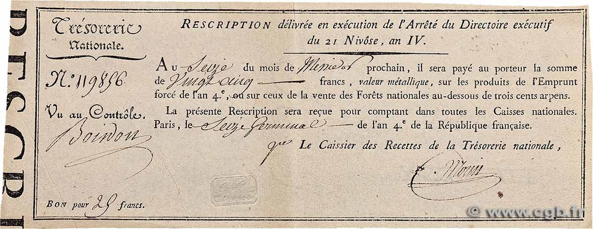 25 Francs Rescription de l Emprunt Forcé FRANCE 1796 Ass.53a AU-