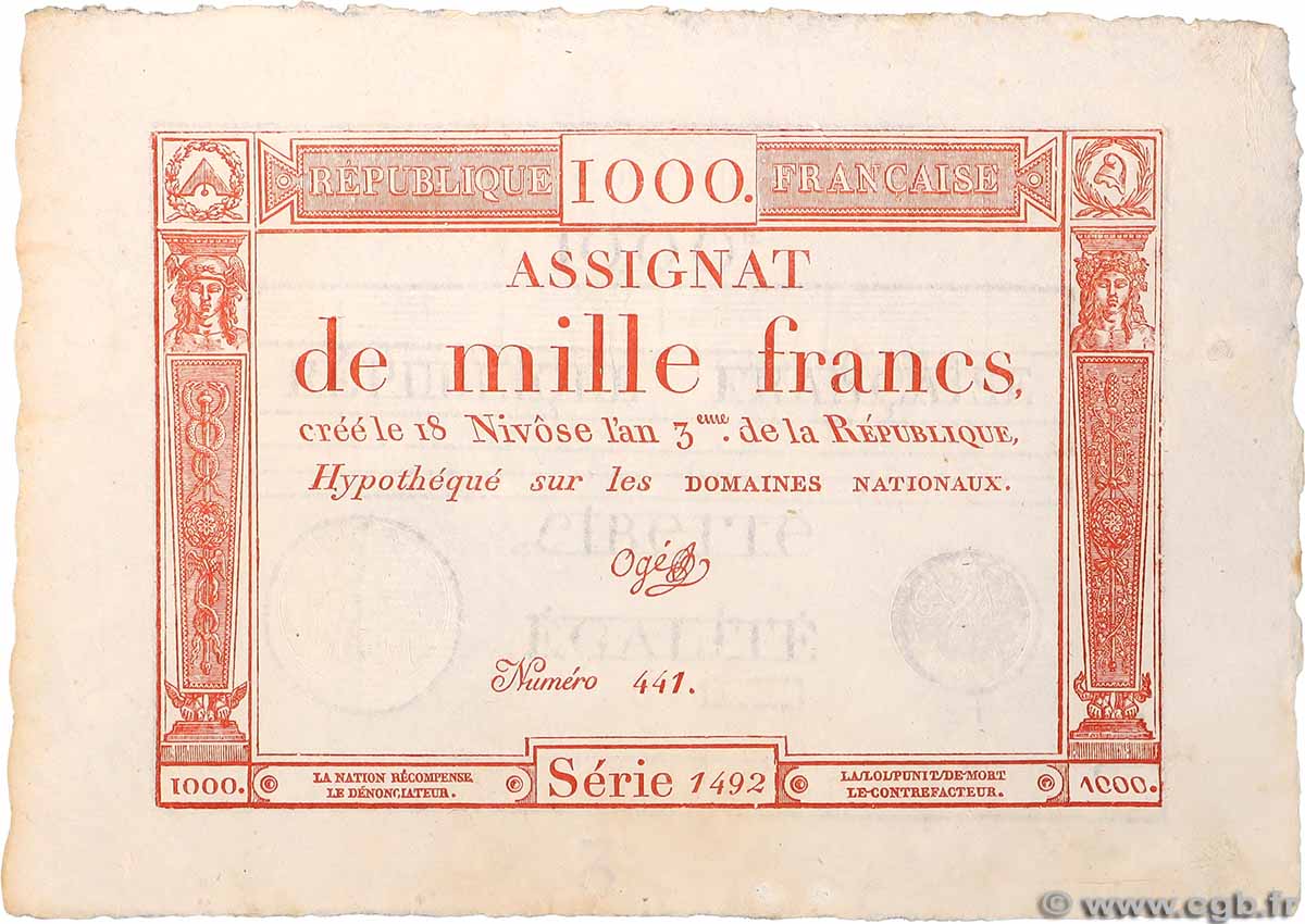 1000 Francs FRANCE 1795 Ass.50a AU