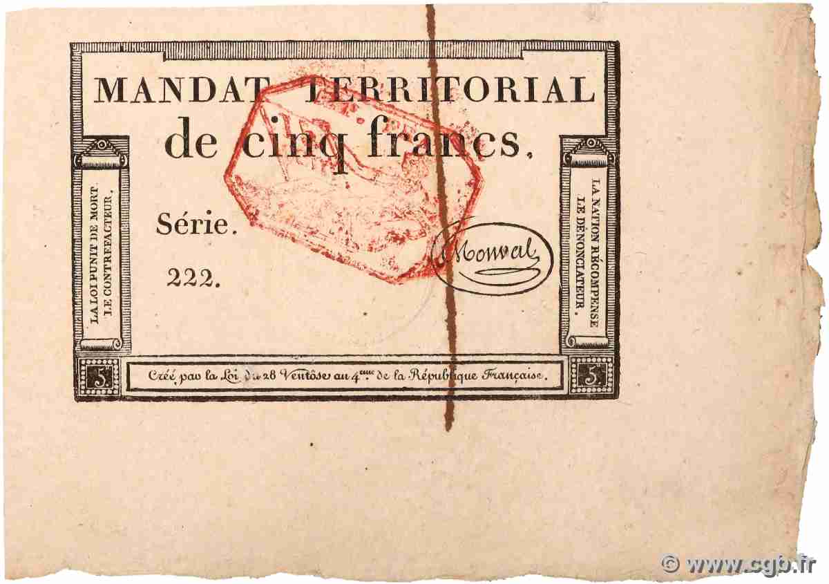 5 Francs Monval cachet rouge FRANCE 1796 Ass.63c AU