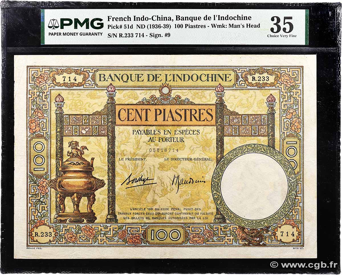100 Piastres FRENCH INDOCHINA 1936 P.051d VF+