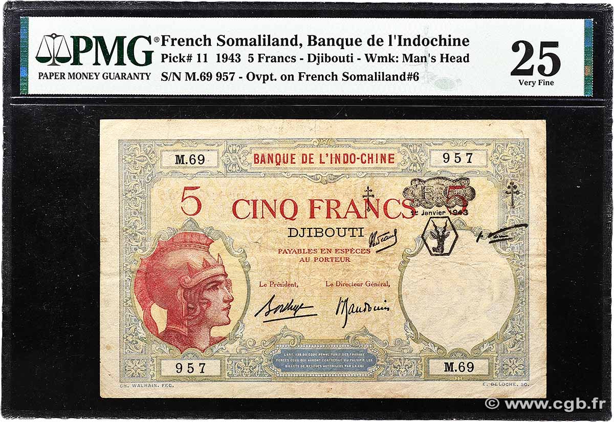 5 Francs DSCHIBUTI 1943 P.11 SS