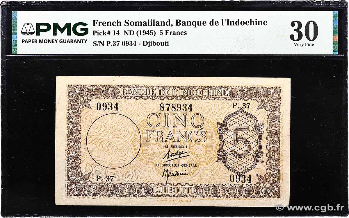 5 Francs Palestine DJIBOUTI 1945 P.14 TTB