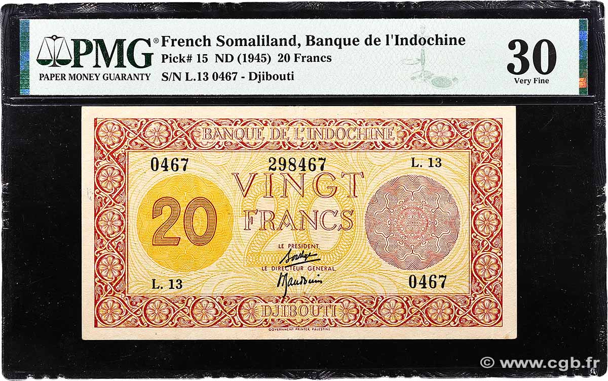 20 Francs Palestine DJIBOUTI 1945 P.15 VF