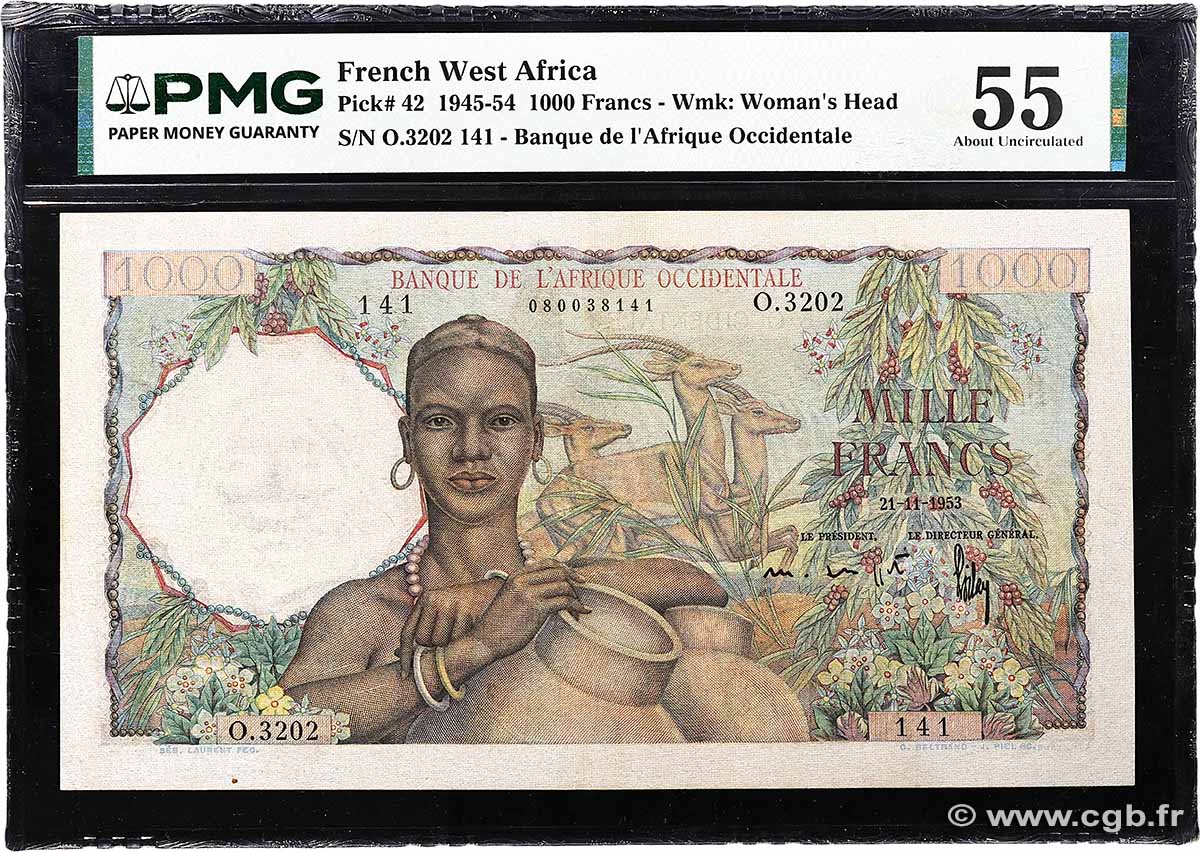 1000 Francs FRENCH WEST AFRICA 1953 P.42 AU