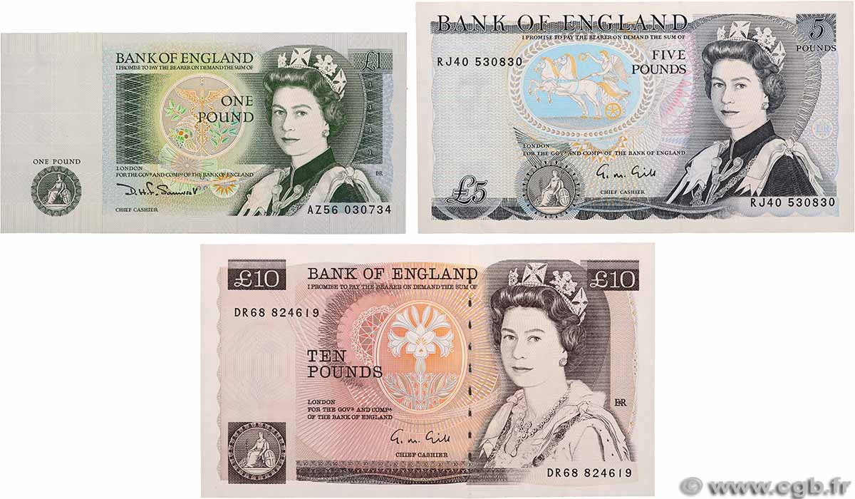 1, 5 et 10 Pounds Lot INGHILTERRA 1981 P.377b, P.378f et P.379e FDC