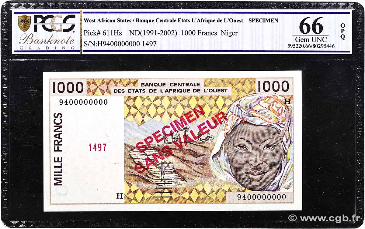 1000 Francs Spécimen ÉTATS DE L AFRIQUE DE L OUEST 1994 P.611Hs NEUF