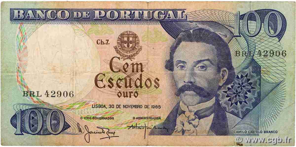100 Escudos PORTOGALLO 1965 P.169a q.MB