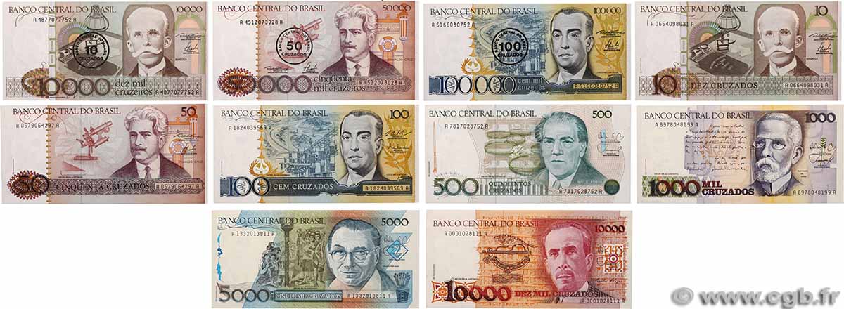 10 Cruzados sur 10000 Cruzeiros au 100 Cruzados sur 100000 Cruzeiros et du 10 au 10000 Cruzados Lot BRASILE 1986 P.Lot FDC