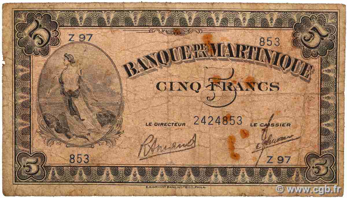 5 Francs MARTINIQUE 1942 P.16b B
