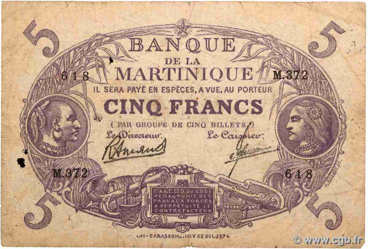 5 Francs Cabasson violet MARTINIQUE 1945 P.06 q.MB