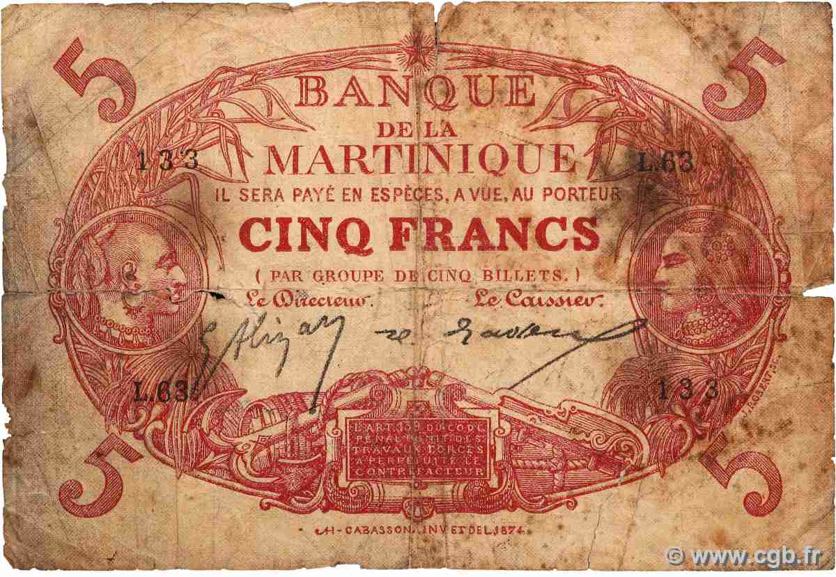 5 Francs Cabasson rouge MARTINIQUE 1919 P.06A B