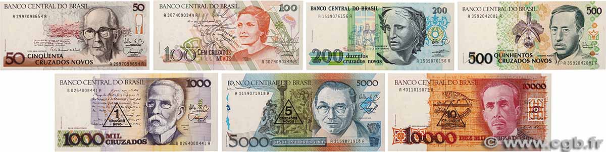 1 Cruzado Novo sur 1000 Cruzados au 10 Cruzados Novos sur 10000 Cruzados et du 50 au 500 Cruzados Novos Lot BRASILE 1989 P.Lot FDC