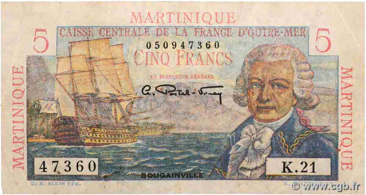 5 Francs Bougainville MARTINIQUE 1946 P.27a MB