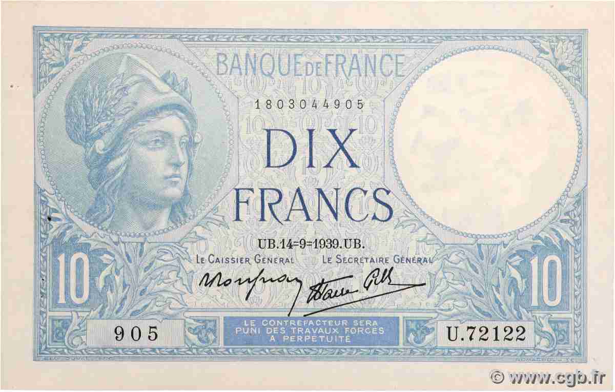 10 Francs MINERVE modifié FRANKREICH 1939 F.07.07 VZ