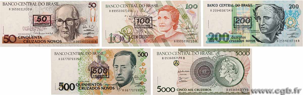 50 Cruzeiros sur 50 Cruzados Novos au 500 Cruzeiros sur 500 Cruzados Novos et 5000 Cruzeiros Lot BRASILE 1990 P.223 au P.227 FDC