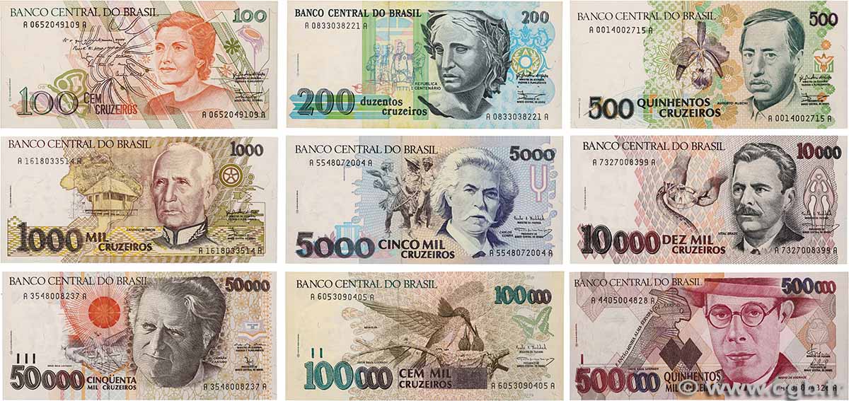 100 au 500000 Cruzeiros Lot BRASILE 1990 P.228 au P.236 FDC