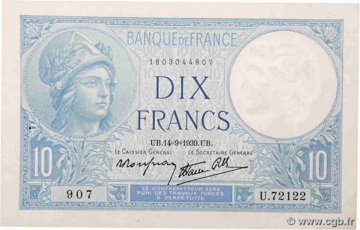 10 Francs MINERVE modifié FRANKREICH 1939 F.07.07 VZ+
