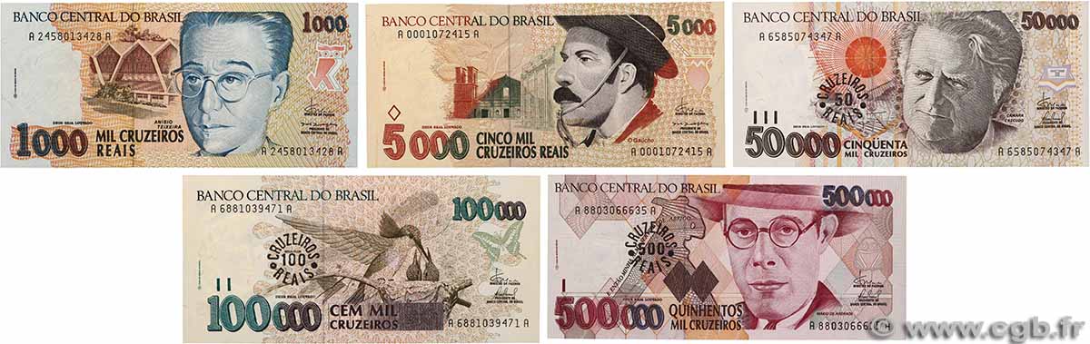 50/50000, 100/100000, 500/500000 Cruzeiros Reais sur Cruzeiros, et 1000, 5000 Cruzeiros Reais Lot BRASILE 1993 P.237 au P.241 FDC