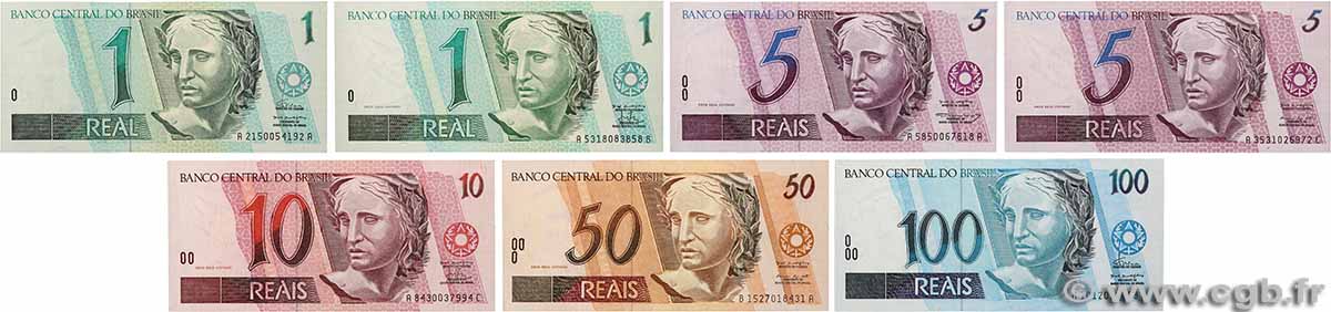 1 Real au 100 Reais Lot BRASILE 1994 P.243a au P.247a FDC
