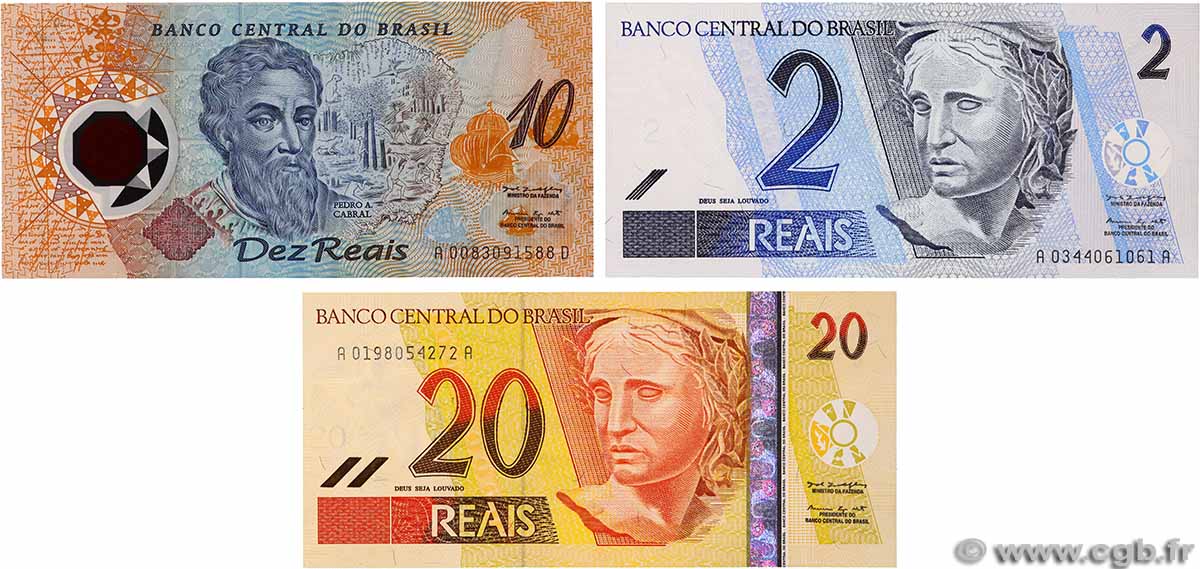 2, 10 et 20 Reais Lot BRASILE 2000 P.248a, P.249a et P.250a FDC