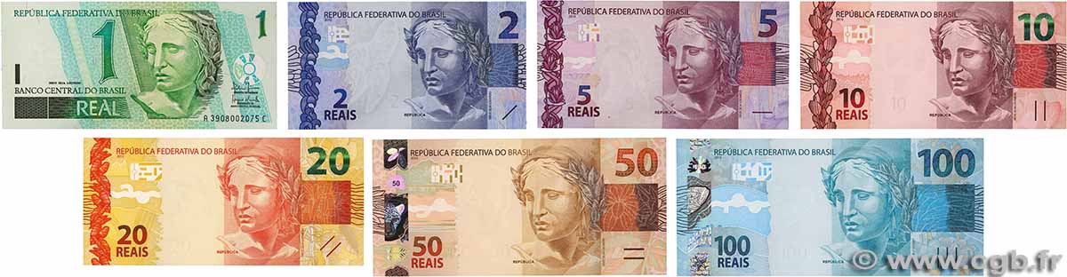 1 Real au 100 Reais Lot BRASILE 2003 P.251 au P.257 FDC