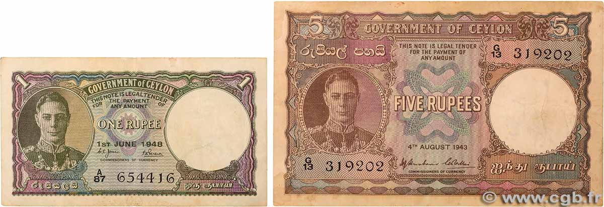 1 et 5 Rupees Lot CEYLON 1943 P.34 et P.36a F - VF
