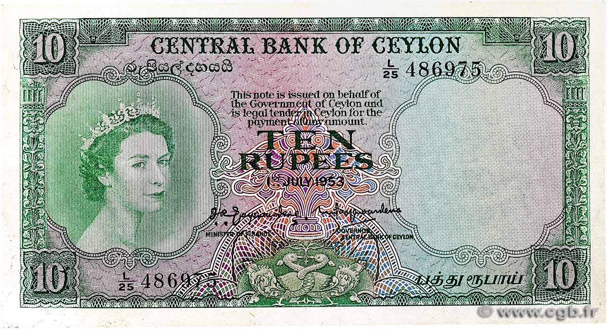 10 Rupees CEYLON 1953 P.055 VF+