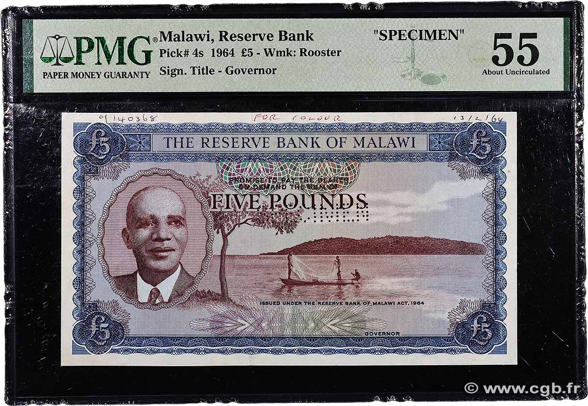 5 Pounds Spécimen MALAWI 1964 P.04 SPL