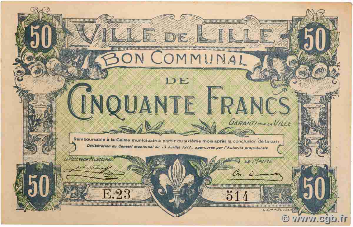 50 Francs FRANCE Regionalismus und verschiedenen Lille 1917 JP.59.1649 fST+