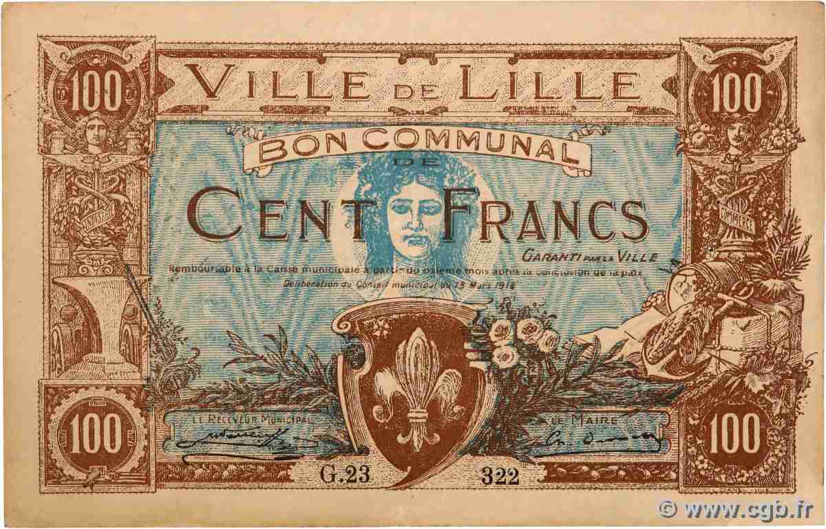 100 Francs FRANCE Regionalismus und verschiedenen Lille 1918 JP.59.1655 SS