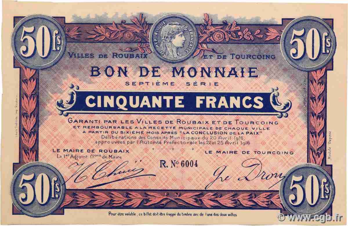 50 Francs FRANCE Regionalismus und verschiedenen Tourcoing 1916 JP.59.2095 VZ+