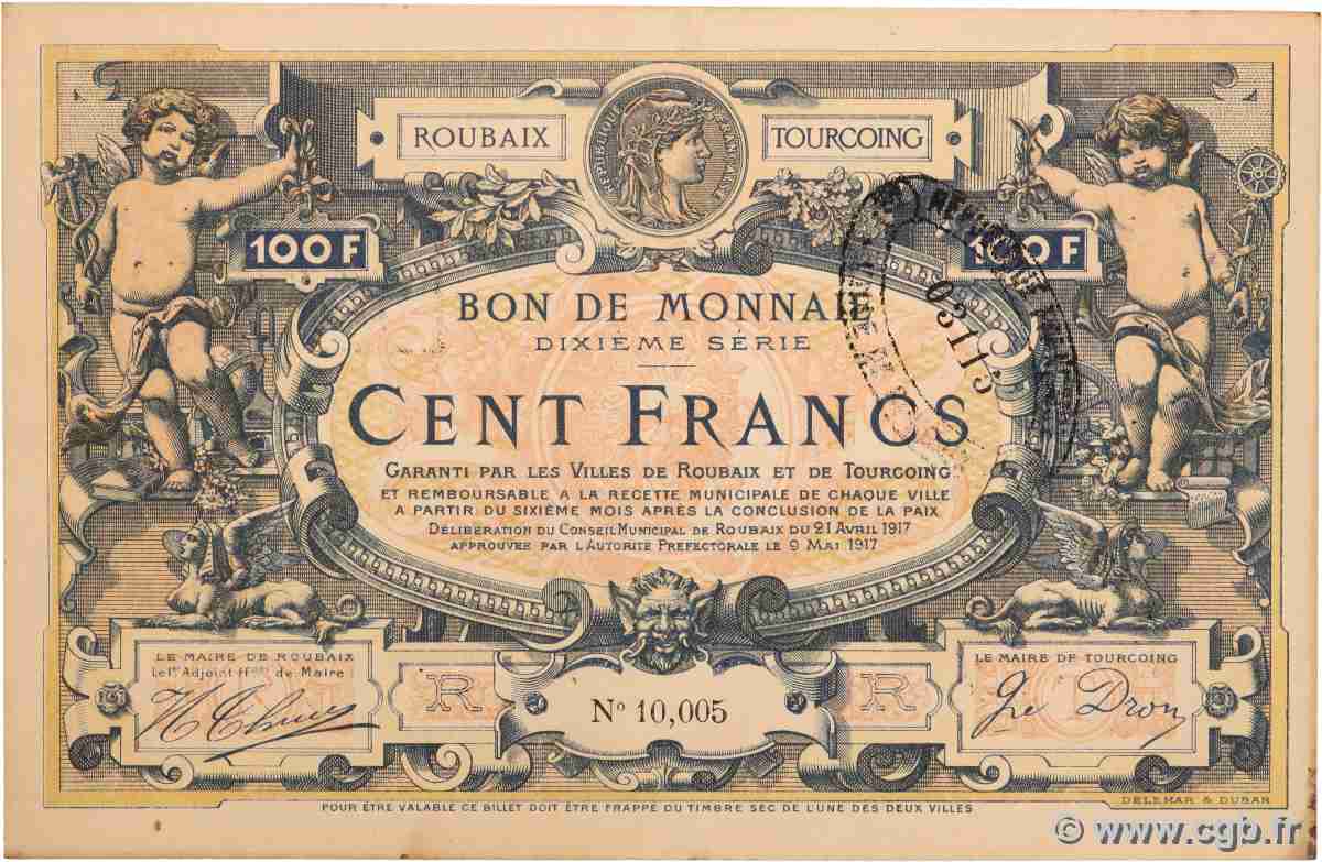 100 Francs FRANCE Regionalismus und verschiedenen Tourcoing 1917 JP.59.2158 VZ