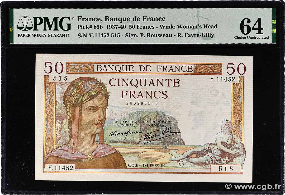50 Francs CÉRÈS modifié FRANCE 1939 F.18.34 UNC-