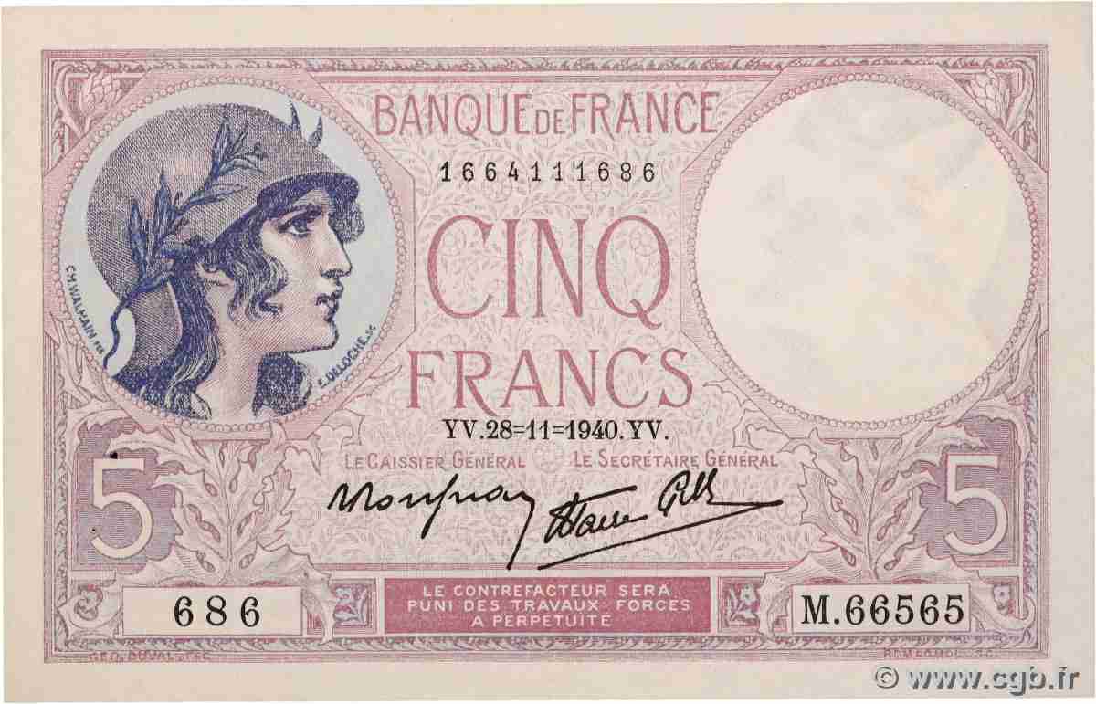 5 Francs FEMME CASQUÉE modifié FRANKREICH 1940 F.04.15 fVZ