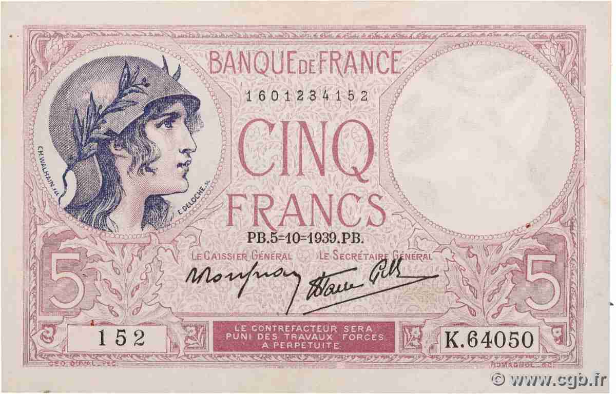 5 Francs FEMME CASQUÉE modifié FRANKREICH 1939 F.04.11 SS