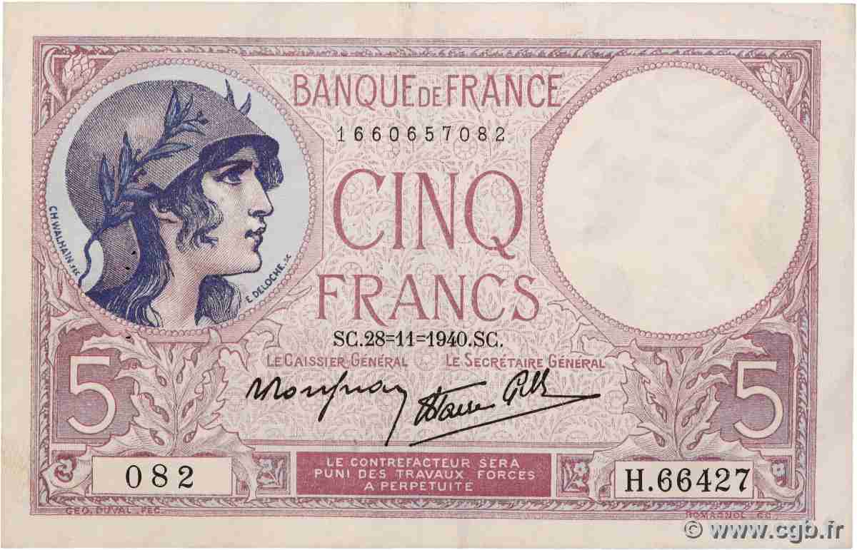 5 Francs FEMME CASQUÉE modifié FRANKREICH 1940 F.04.15 SS