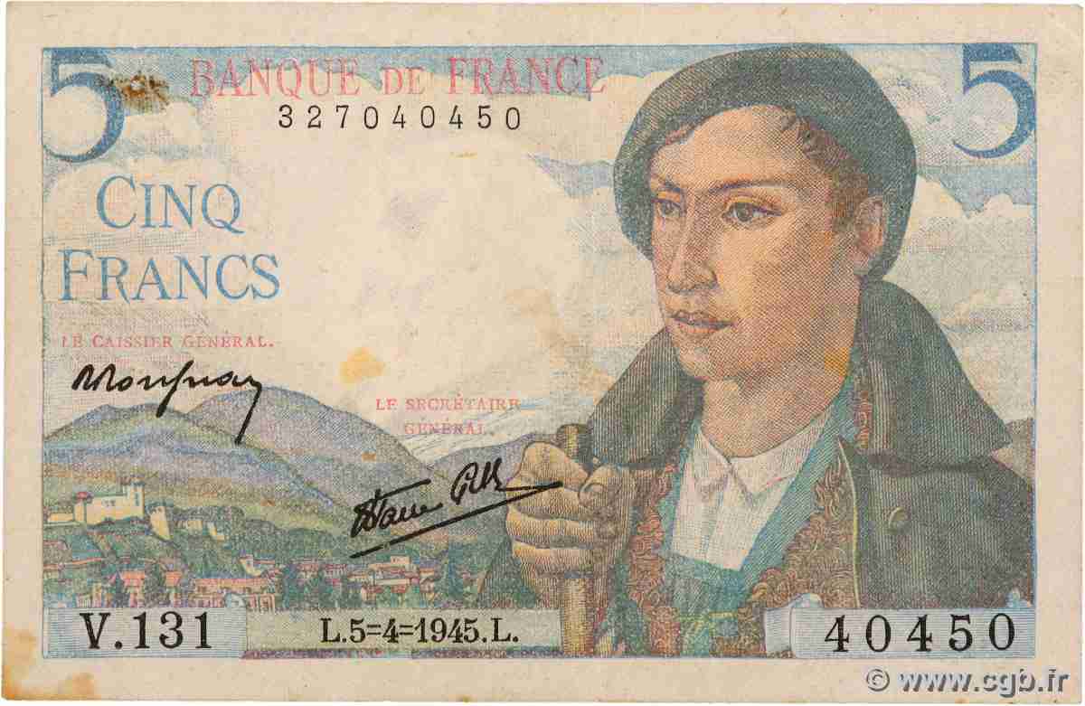 5 Francs BERGER FRANKREICH 1945 F.05.06 SS