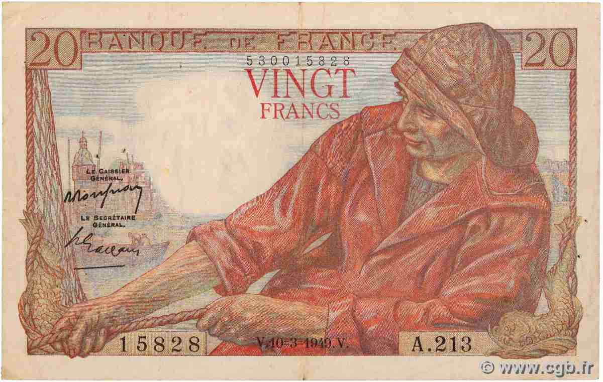 20 Francs PÊCHEUR FRANKREICH 1949 F.13.14 fVZ