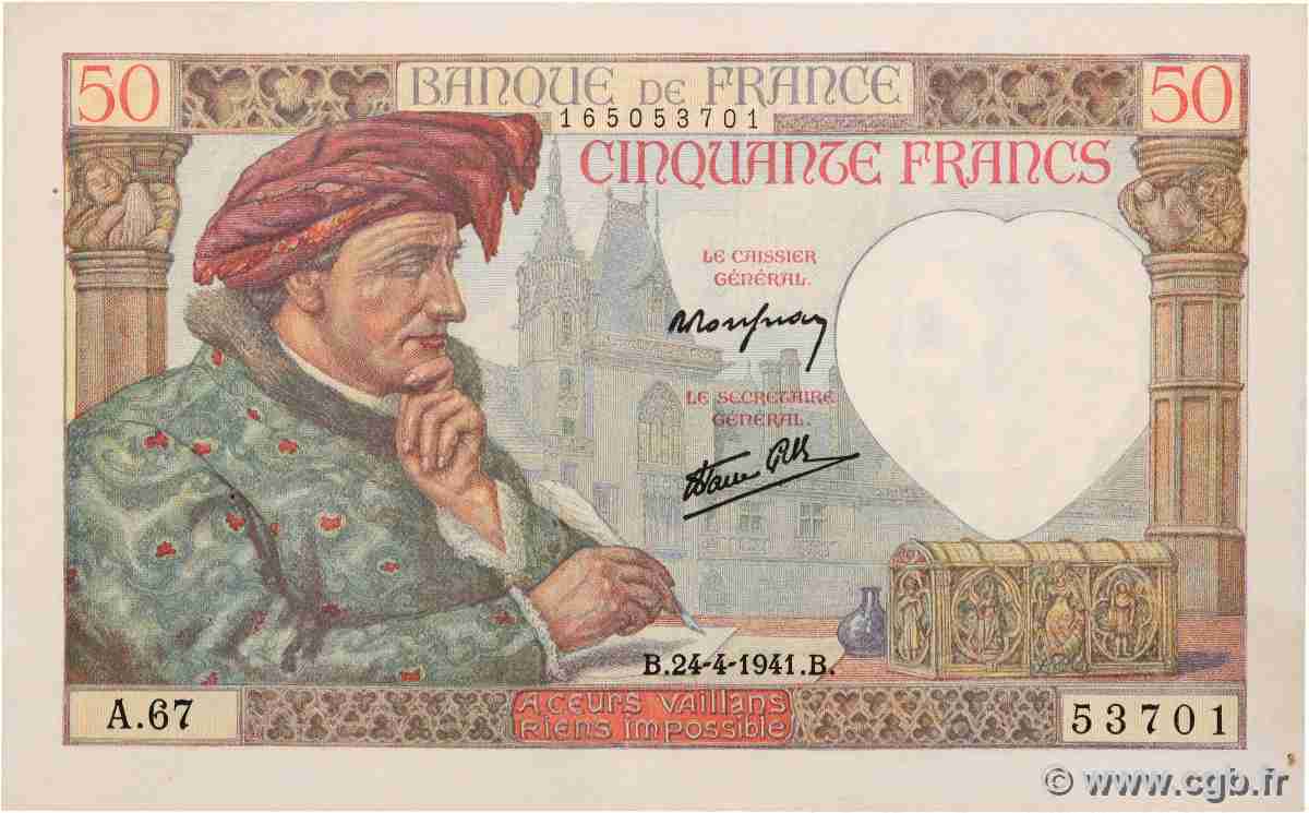 50 Francs JACQUES CŒUR FRANKREICH 1941 F.19.09 fVZ