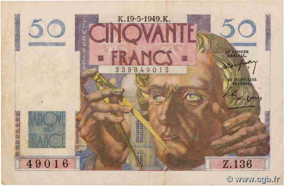 50 Francs LE VERRIER FRANKREICH 1949 F.20.12 fVZ