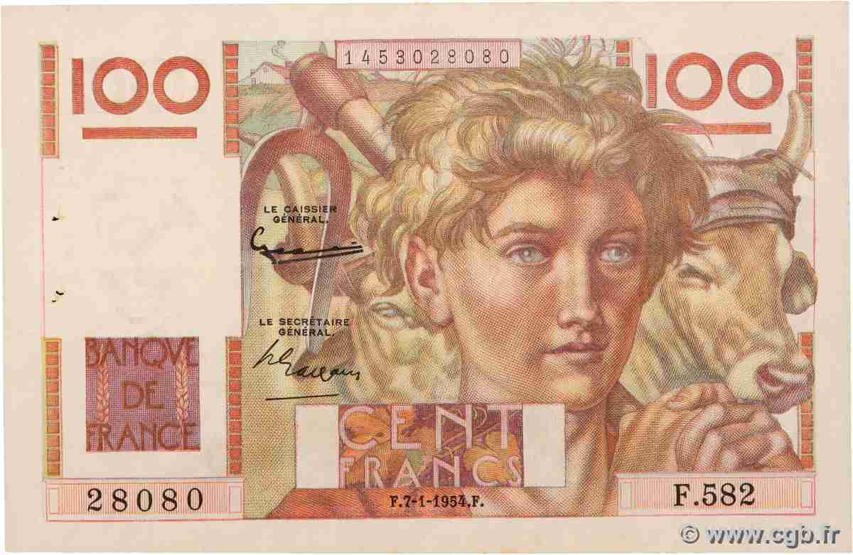 100 Francs JEUNE PAYSAN FRANKREICH 1954 F.28.41 SS