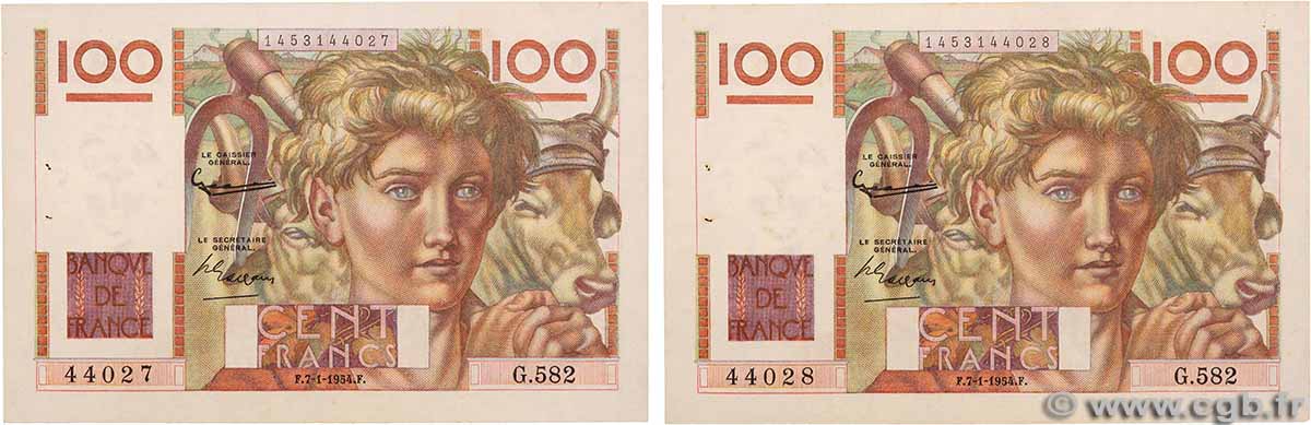 100 Francs JEUNE PAYSAN Consécutifs FRANKREICH 1954 F.28.41 VZ