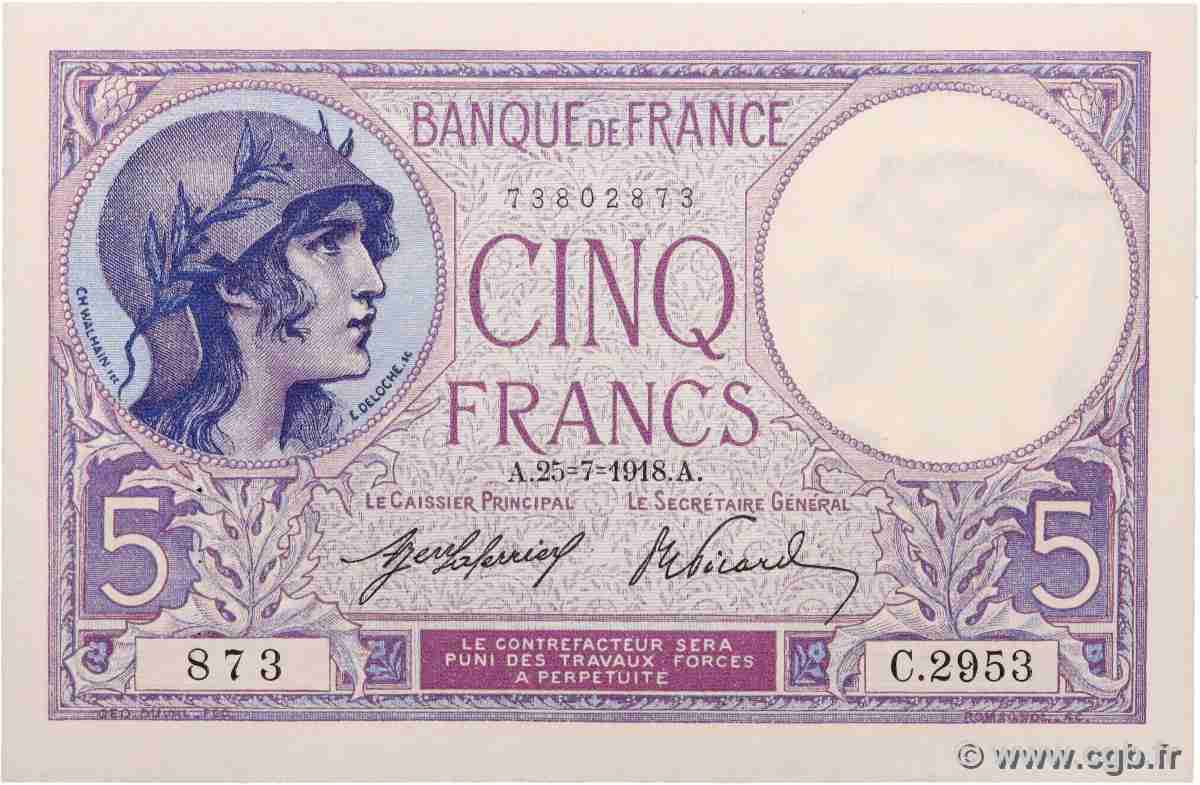 5 Francs FEMME CASQUÉE FRANCIA 1918 F.03.02 q.AU
