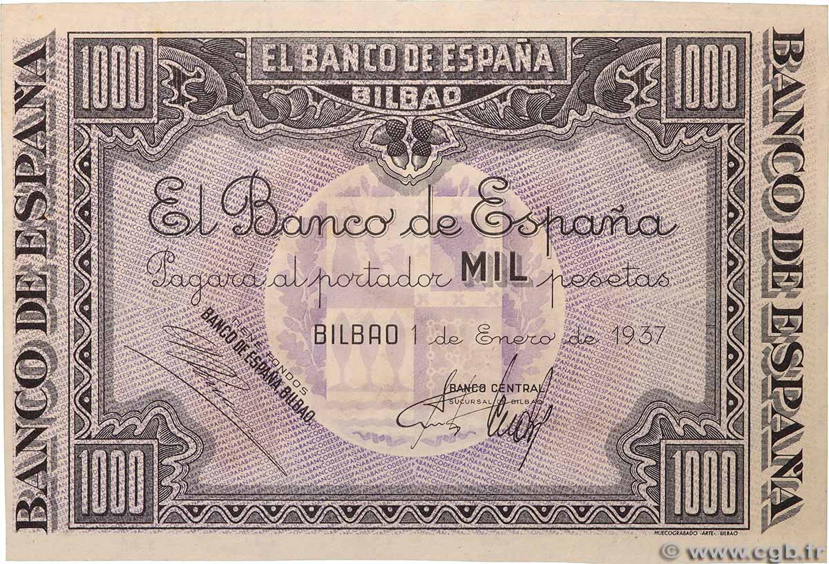 1000 Pesetas SPAIN Bilbao 1937 PS.567a(i) UNC-