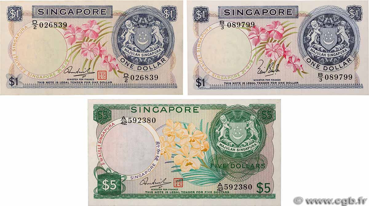1 et 5 Dollars Lot SINGAPOUR 1967 P.01a/d et P.02d SUP