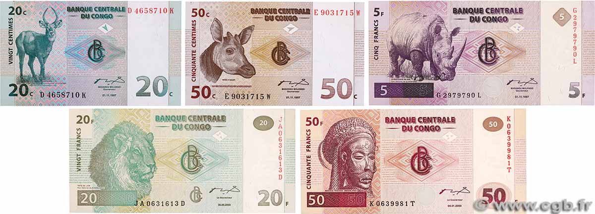 20 et 50 Centimes, 5, 20 et 50 Francs Lot RÉPUBLIQUE DÉMOCRATIQUE DU CONGO 1997 P.091a NEUF