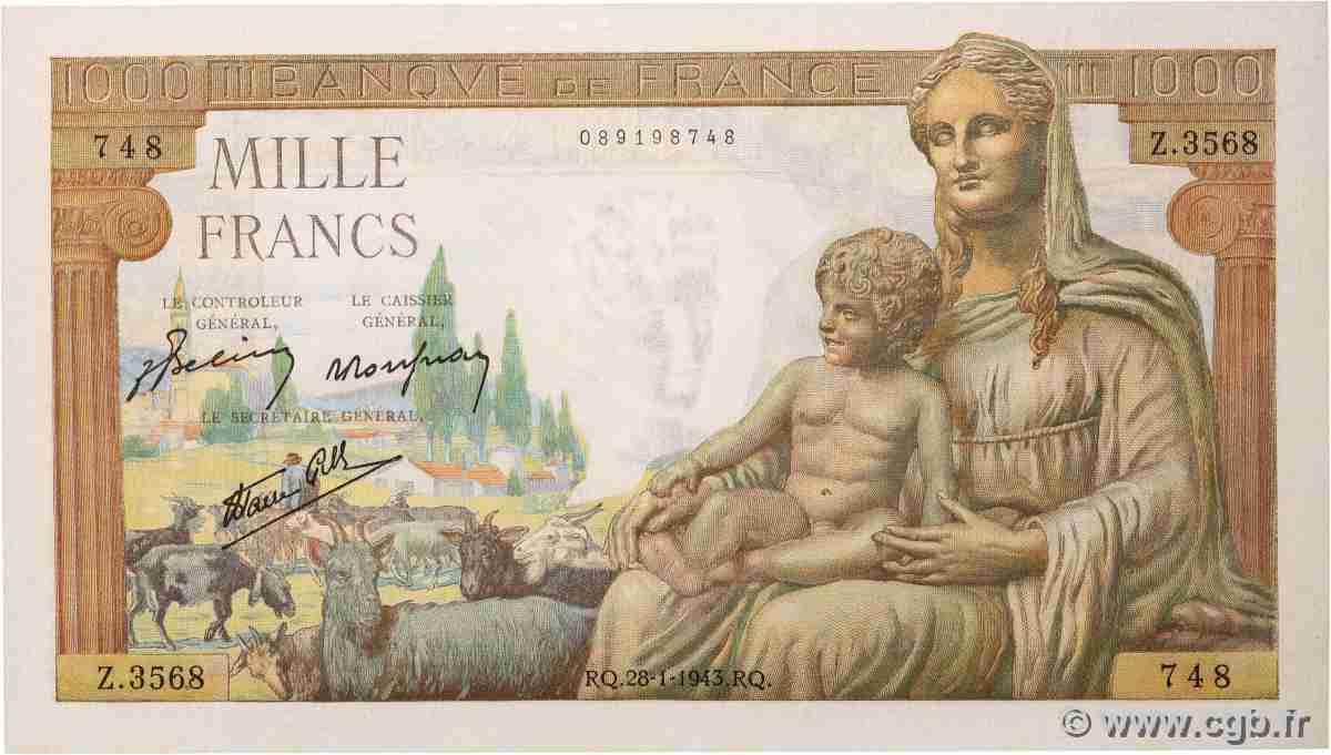 1000 Francs DÉESSE DÉMÉTER FRANCE 1943 F.40.17 UNC-